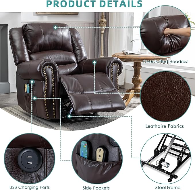 MEETWARM Large Power Lift Electric Recliner Chair with Massage and Heat, Overstuffed Wide Recliner for Elderly, Heavy Duty sofa for Living Room with 2 Remote Control/USB Ports/Side Pockets(Dark Brown)