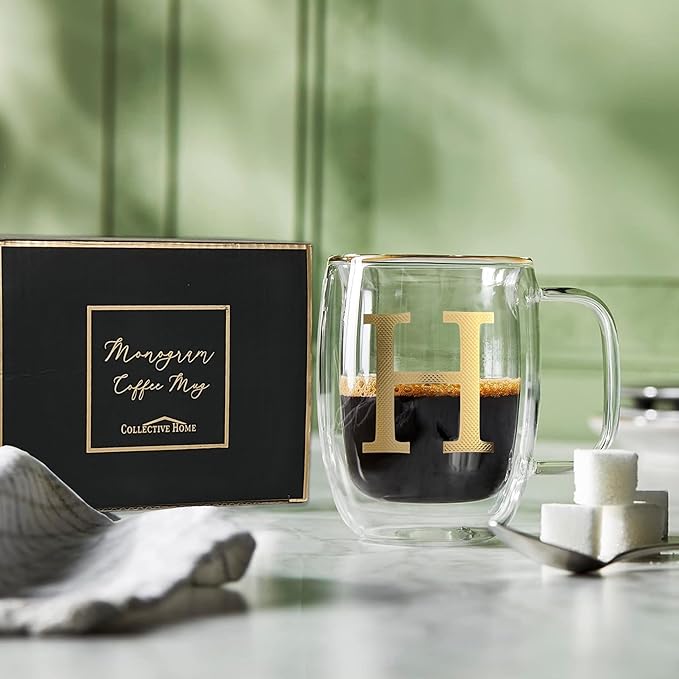 COLLECTIVE HOME - Double Walled Glass Coffee Mugs, Insulated Coffee Mug with Handle, Personalized Gifts for Women, Men, Christmas, 14 oz Monogram Cups (H)