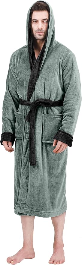 NY Threads Mens Robe with Hood, Luxury Plush Fleece Hooded Mens Bathrobe, Spa Bath Robe for Men