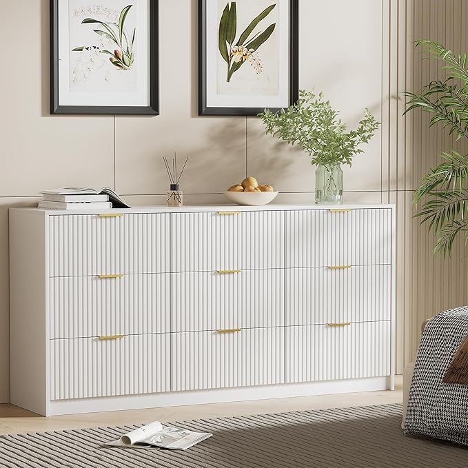 White Dresser for Bedroom, Modern 9 Drawer Dresser with Smooth Slides and Gold Handles, Wide Bedroom Chest for Living Room, Closet, 63" W x 15.7" D x 31.5" H