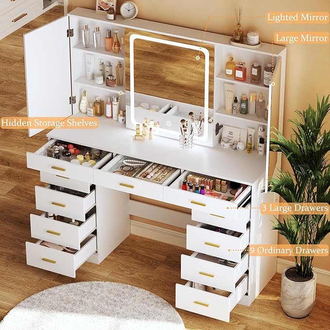 Makeup Vanity Desk with Lights, 47.2" Vanity Desk with 11 Storage Drawers and Hidden Storage Shelves, White Vanity with Charging Stations & 3 LED Lighting Modes Adjustable, for Bedroom