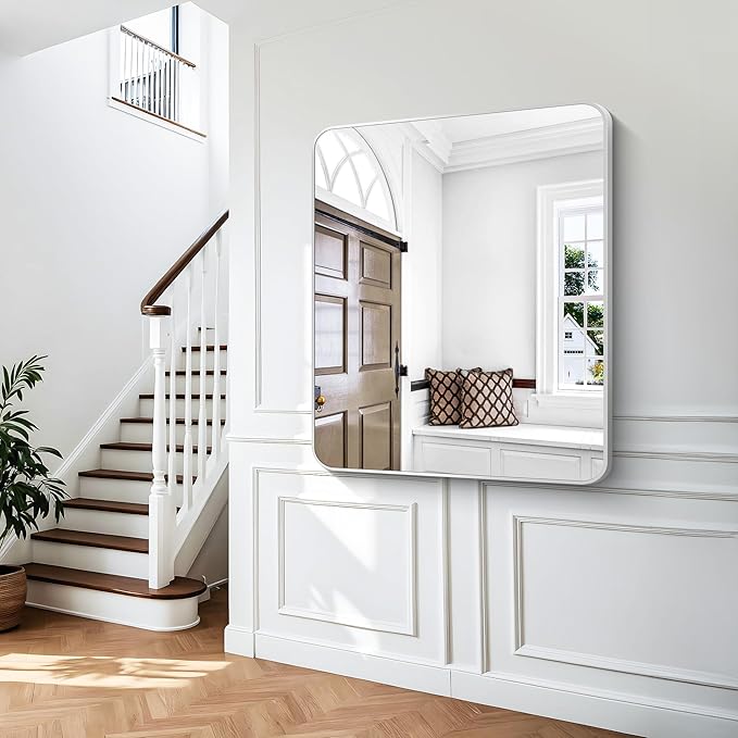 BONEWEI Silver Bathroom Mirror,40x48 inch Wall Mirror for Bathroom Wall Mounted,Rectangle Mirror for Bathroom Over Sink,Modern Frame Round Corner for Living Room,Bedroom Entryway,Horizontal/Vertical