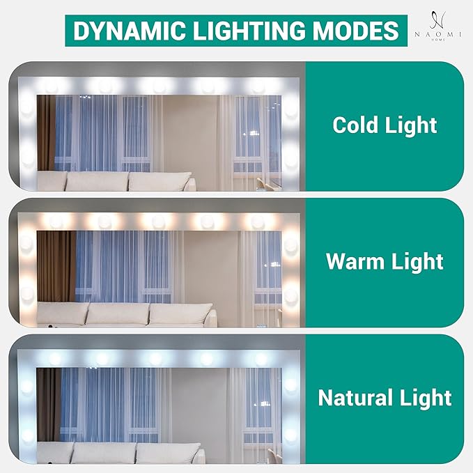 Naomi Home 46" Vera Vanity Set – Makeup Desk with Mirror, 11 LED Lights, Adjustable Brightness & 3 Lighting Modes – Includes Chair and 7 Storage Drawers