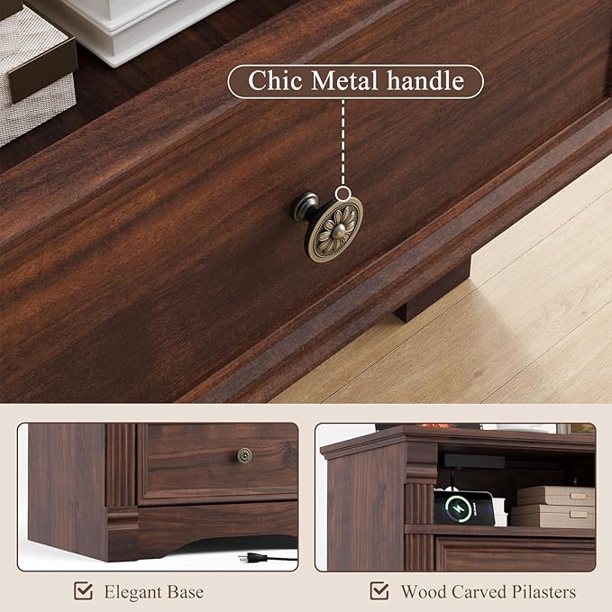 Walnut Nightstand with Charging Station, Farmhouse Bedside Table, End Table with 2 Drawers and Chic Wood Pilasters Design, Wood Side Table with Metal Handles for Bedroom, Living Room