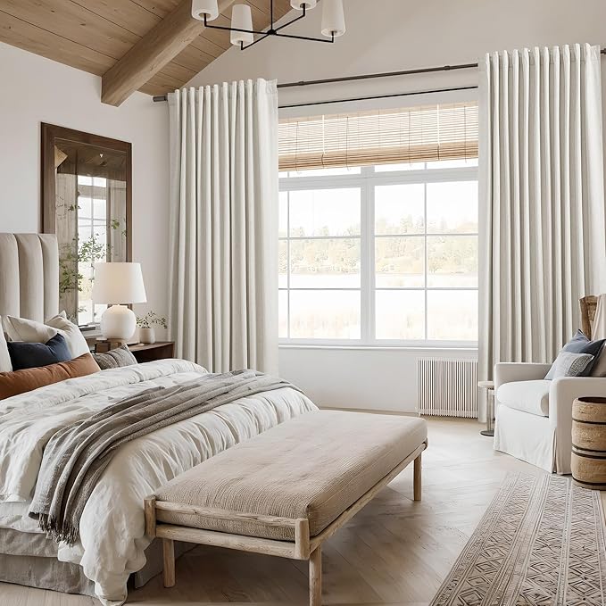 Cream Linen Blackout Curtains 132 Inch Length 2 Panels Set for Living Room Bedroom Back Tab Thermal Insulated 100% Black Out Linen Drapes Room Darkening Window Curtains 132 Inches Long Ivory Natural