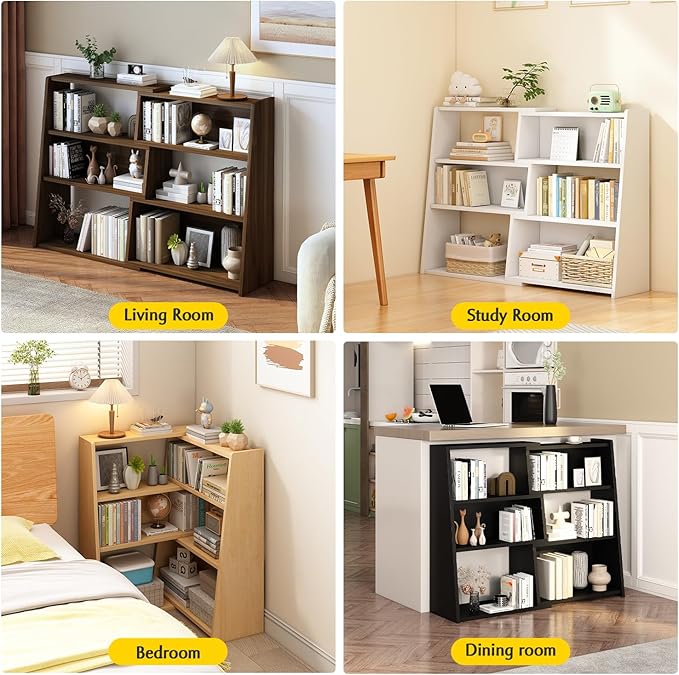 IOTXY Wooden Extendable Shelf Bookcase - 3-Tier Ladder Low Short Bookshelf for Small Space or Corner, Dark Walnut, S