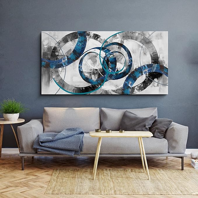 XLSJERST Blue Abstract Canvas Wall Art - Modern Art Wall Decor Wall Pictures for Living Room Bedroom Office Gray and White Paintings Artwork for Wall Size 24x48 Inches