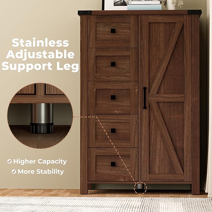 Farmhouse 48 Inch Tall Dresser Chest of Drawer for Bedroom, 5 Drawer Storage Cabinet with Barn Door, Adjustable Shelves, Rustic, for Living Room, Entryway, Hallway, Cherry Wood