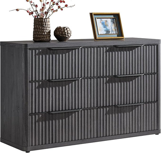 SICOTAS Dresser for Bedroom 6 Drawer Dressers & Chests of Drawers for Closet Long Large Modern TV Stand Set for Clothes Storage Fluted Wide Clothes Closet for Hallway Entryway, Dark Grey Alder