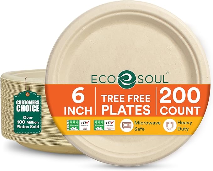ECO SOUL Compostable Paper Plates 6 Inch (200 Count) Plates for Dessert, Heavy Duty, Eco-Friendly Sugarcane Bagasse Small Plates For Appetizer- Natural Brown