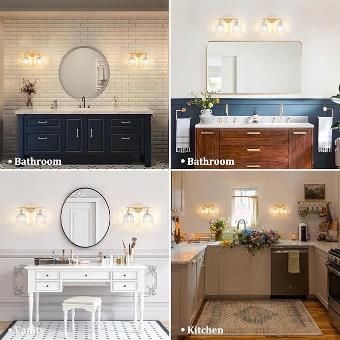 Bathroom Light Fixtures, 2-Light Brass Vanity Wall Light Over Mirror with Clear Tulip Glass Shade for Bedroom Living Room