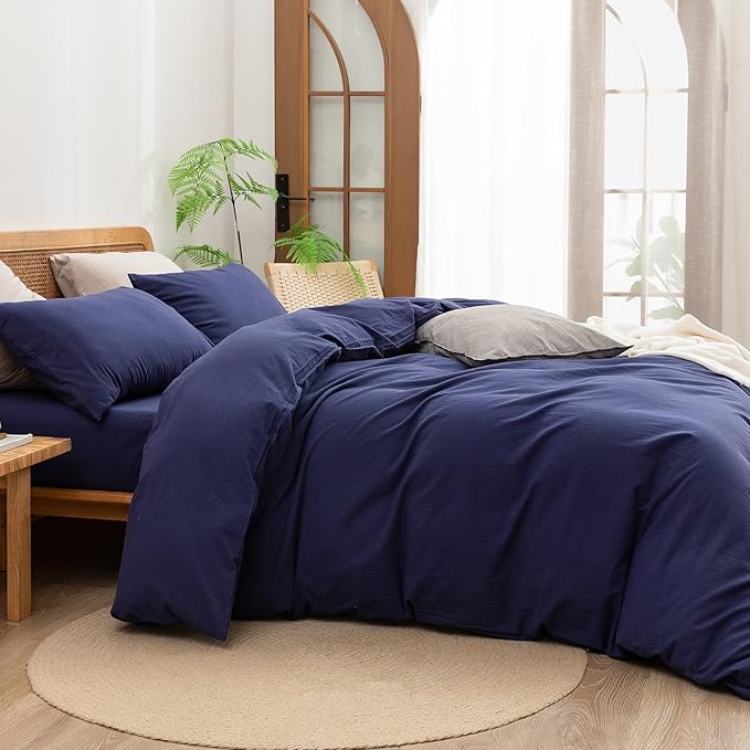 BESTOUCH Duvet Cover Set 100% Washed Cotton Linen Feel Super Soft Comfortable Chic Lightweight 3 PCs Home Bedding Set Solid Navy Blue Oversized King