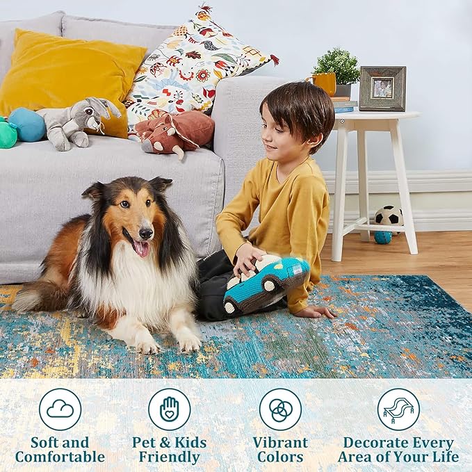 5x7 Modern Abstract Faux Wool Area Rugs Ultra-Soft Low Pile Accent Rug Stain Resistant Carpet Machine Washable for Bedroom with Non Slip Backing, Multi Color