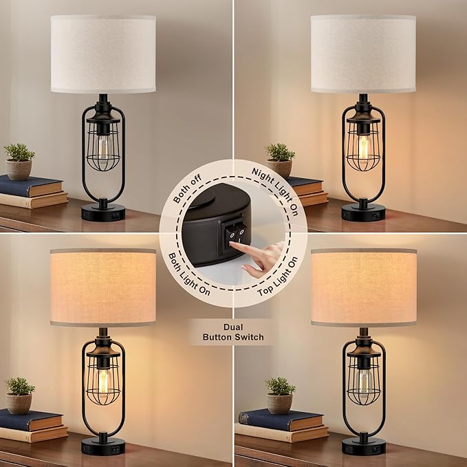 24" Farmhouse Table Lamps for Living Room Set of 2, Black Rustic Lamps for Night Stands with USB Ports, Industrial Bedside Lamp for Bedroom End Tables, Bulbs Included