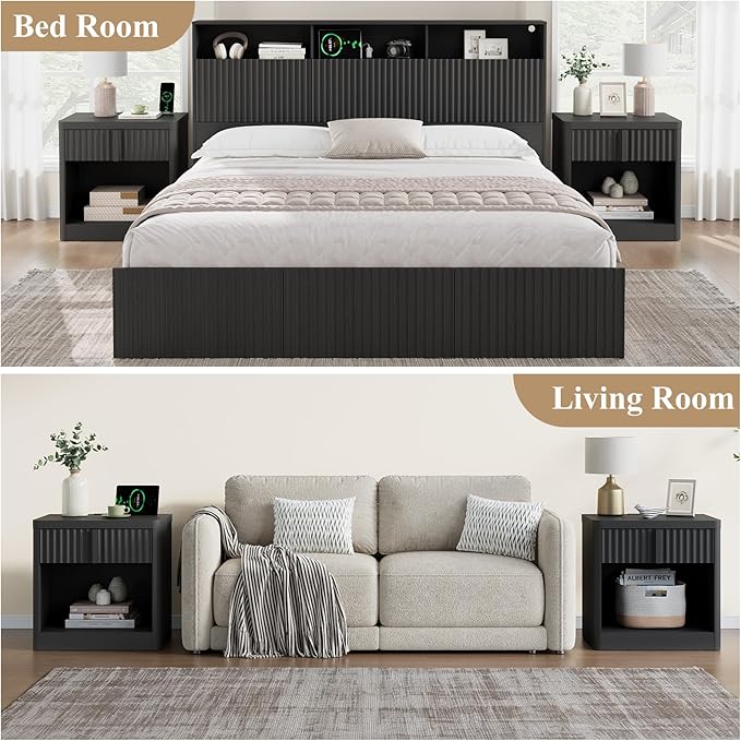 Fluted Nightstand Set of 2 with Charging Station, 23.6" Wood End Table with Solid Wood Handle, Curved Profile Design, Mid Century Moden Bedside Table for Bedroom, Living Room, Black