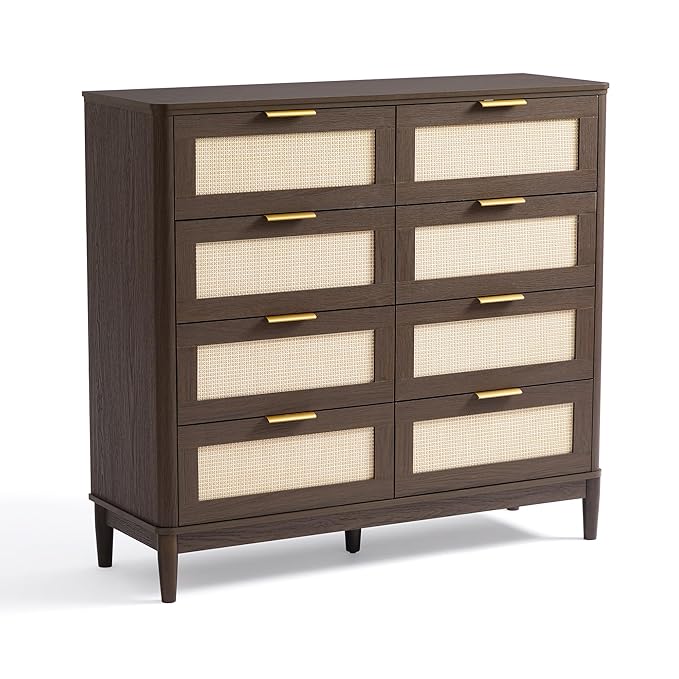 LINSY HOME Rattan Dresser for Bedroom with 8 Drawers, 54" Wide Chest of Drawers, Mid Century Modern Dresser TV Stand with Metal Handle, Wood Closet Storage Cabinet for Living Room, Hallway, Walnut