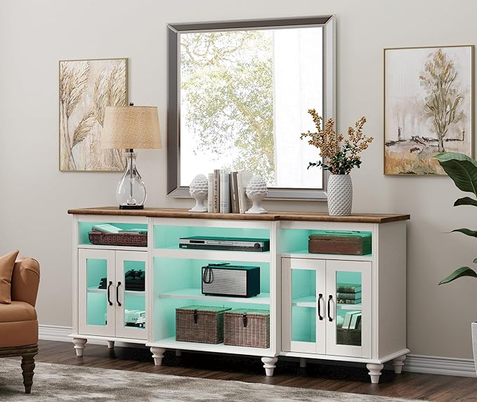 WAMPAT Farmhouse TV Stand with 16 Color LED Light, 4-Door Glass Wood Entertainment Center with 9 Storage Cabinets, Media Console Table for Living Room Bedroom，70'', Antique White