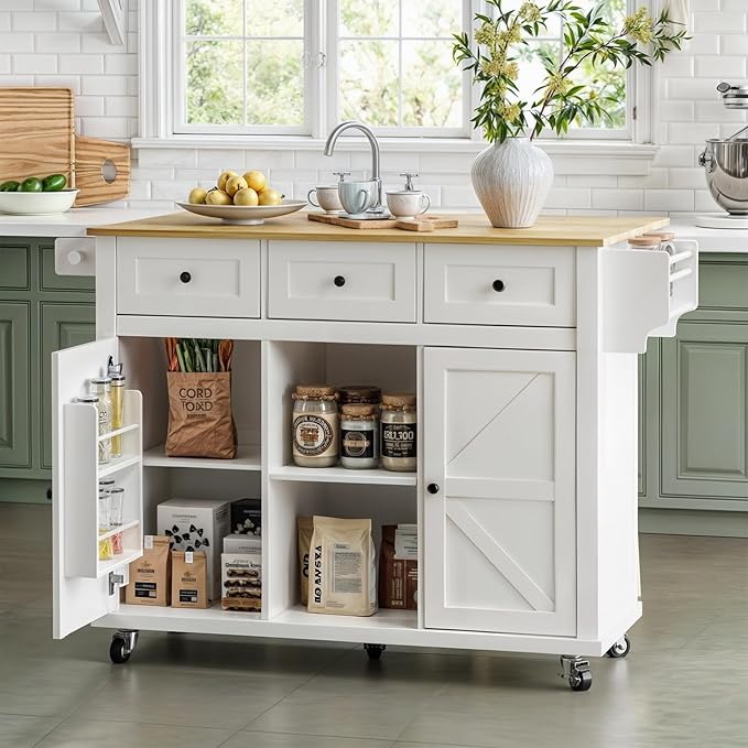 Rolling Kitchen Island Cart with Drop Leaf, Large Kitchen Island on Wheels with Storage and 3 Drawers, Mobile Island for Kitchen with Rubber Wood Countertop, Towel Rack (White, X-Large)