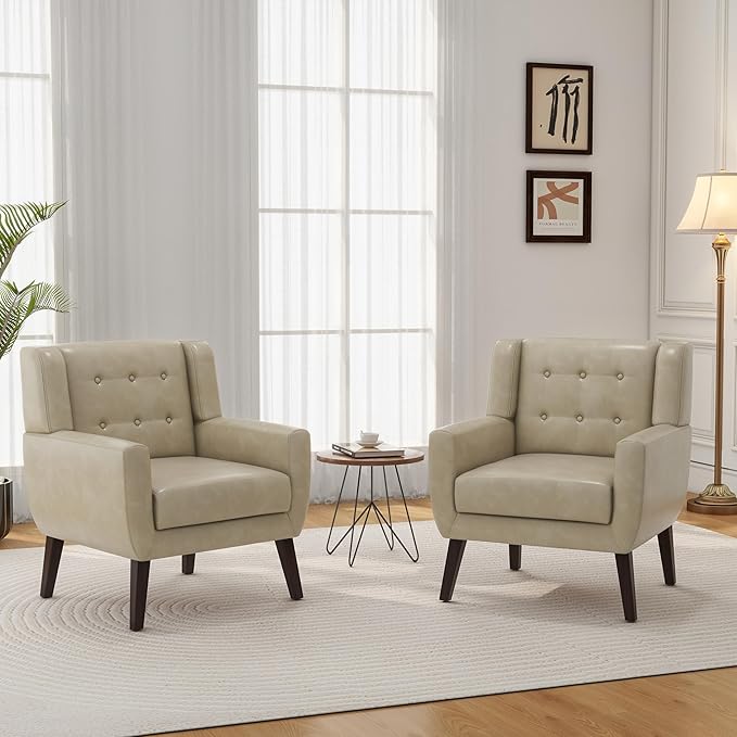 Accent Chair, Mid-Century Modern PU Leather Chairs with Arms for Living Room, Comfy Upholstered Club Single Sofa Armchair