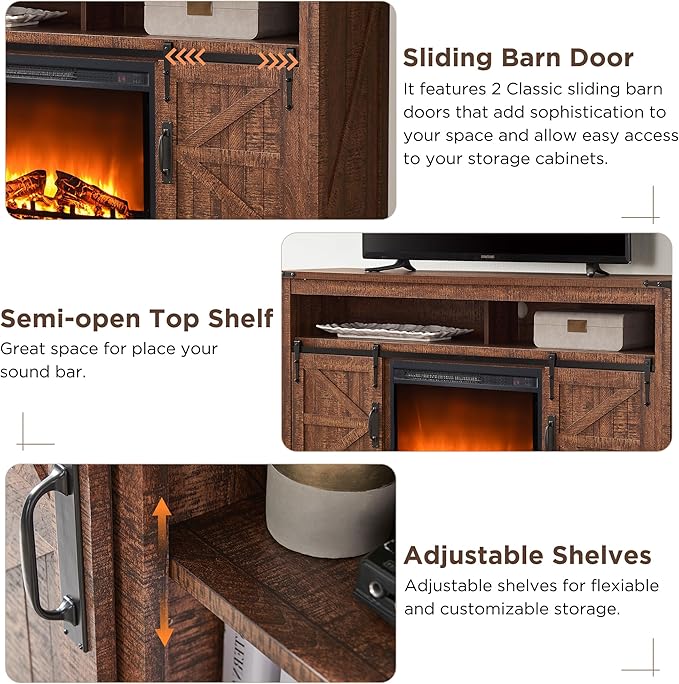 OKD Fireplace TV Stand for 65+ Inch TV, 33" Tall Highboy Farmhouse Entertainment Center w/ 23'' Electric Fireplace, Rustic Media Console w/Sliding Barn Door for Living Room, Reclaimed Barnwood Color