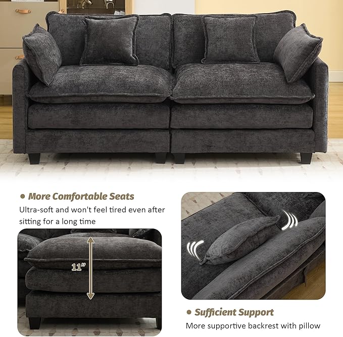 76'' Cloud Deep Seat Loveseat, Upholstered Chenille Modular 2-Seats Sectional Sofa Couch, Modern Comfy Settee Loveseat for Living Room Set, Small Apartment, Dark Grey
