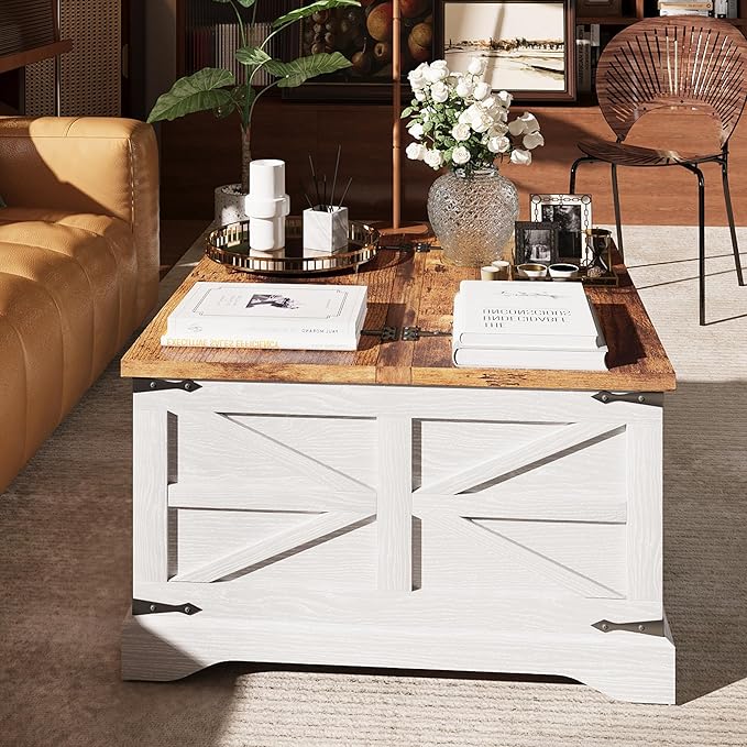 MXV Farmhouse Coffee Table with Storage, Square Coffee Tables for Living Room, Rustic Wood Center Table with Hinged Lifting Tabletop for Home, White