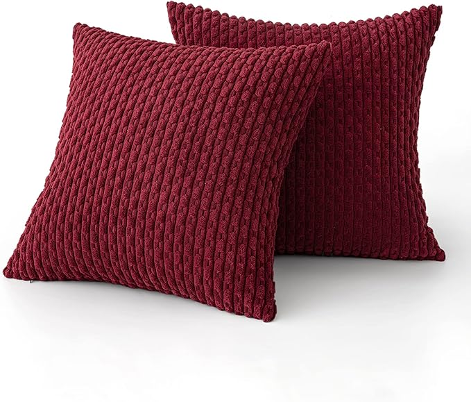 MIULEE Christmas Wine Red Throw Pillow Covers Soft Corduroy Decorative Eruo Sham Set of 2 Boho Striped Pillow Covers Pillowcases Farmhouse Home Decor for Couch Bed Sofa Living Room 24x24 Inch