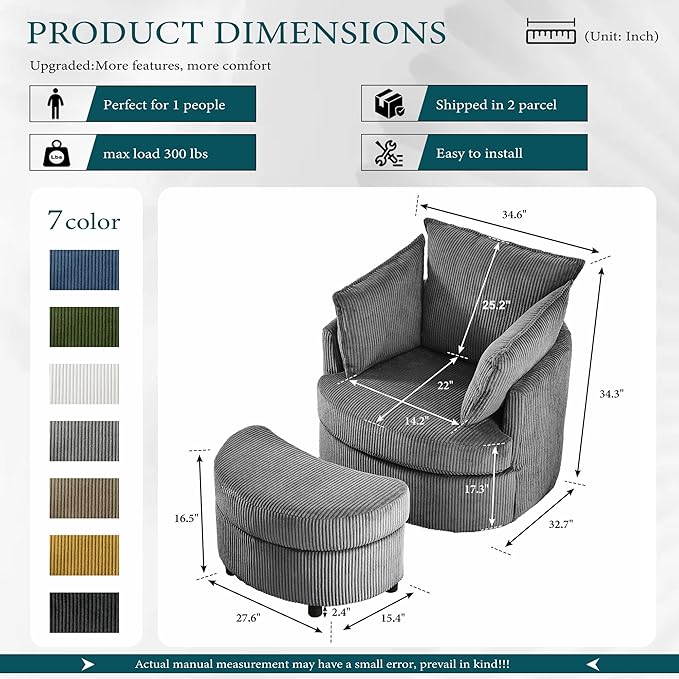 Swivel Accent Chair with Ottoman Comfy Reading Chairs for Bedroom Modern Corduroy Arm Chair 360°Swivel Barrel Chairs for Living Room,Apartment (Dark Grey, 1)