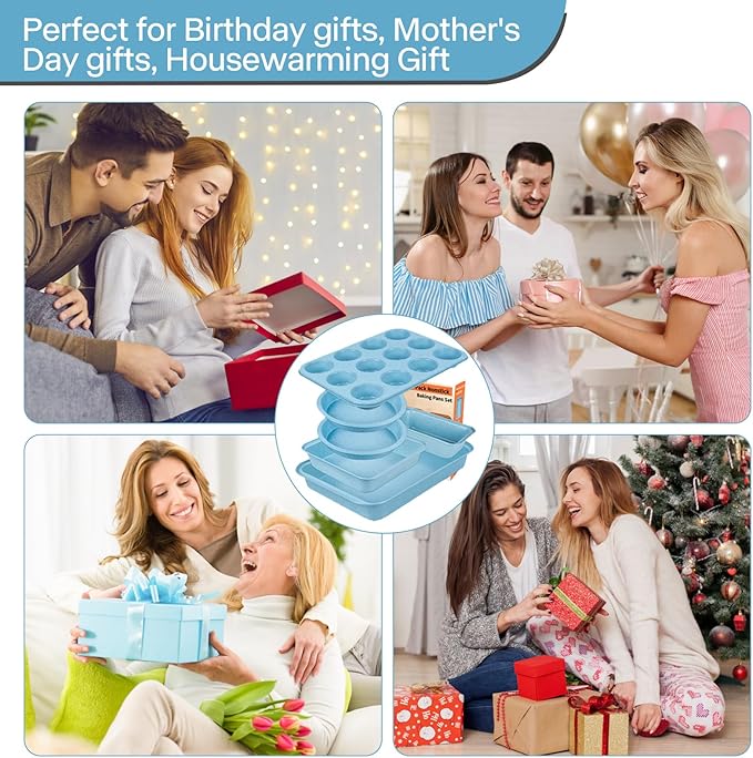 6 Pieces Baking Pans Set Non Stick, Bakeware Sets Stackable, Oven Safe, Steel Baking Set Supplies for Home Baking, Roasting, Easy to Release, Sturdy Bake Gifts for Holiday, Blue