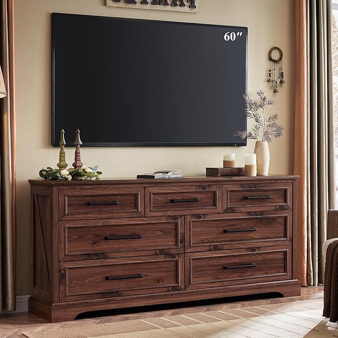 7 Drawer Dresser, Farmhouse Chest of Drawers for Bedroom, 52" Wide Dresser TV Stand with Large Metal Handles, Wood Drawer Organizer for Living Room, Hallway - Brown