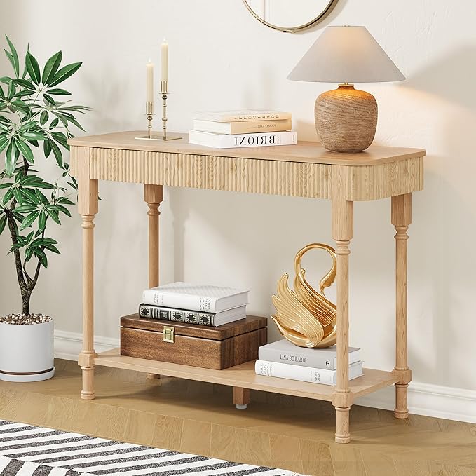 43.3”Console Table with 2 Drawers, Modern Retro Entryway Table with Fluted Panel & Storage Shelf, Narrow Wood Behind Couch Sofa Table for Living Room, Foyer, Hallway(Natural)
