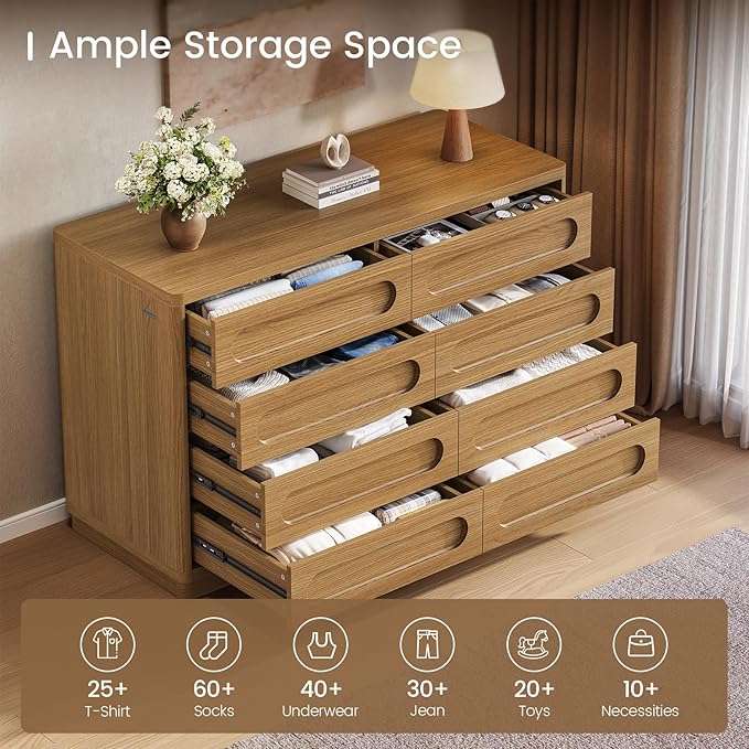 Dresser for Bedroom with 8 Drawers, 47.2" Wide Dresser for Closet with Deep Drawer, Large Wood TV Stand, Modern Chest of Drawers for Bedroom, Hallway, Oakbrown