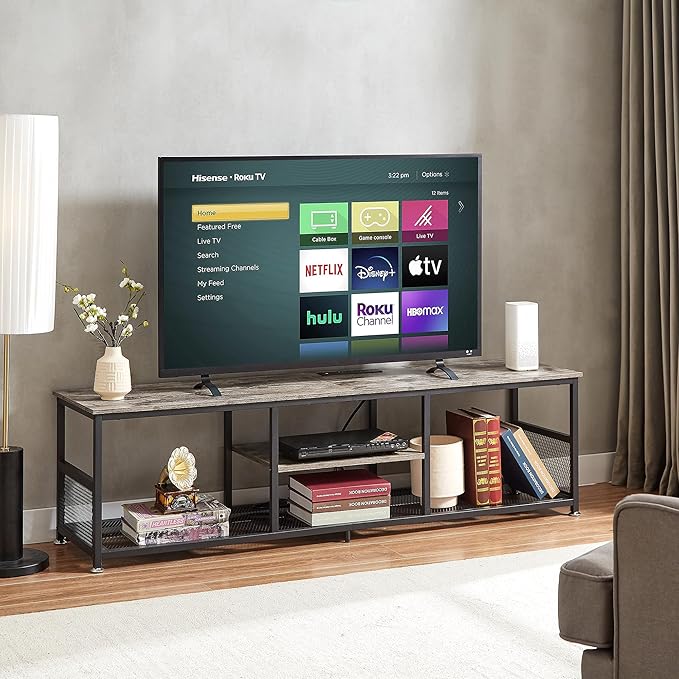 VECELO TV Stand with Power Outlets for Televisions up to 75Inch, 62" Media Entertainment Center with Charging Station 3-Tier Open Storage Shelves with Metal Frame for Living Room/Bedroom，Grey