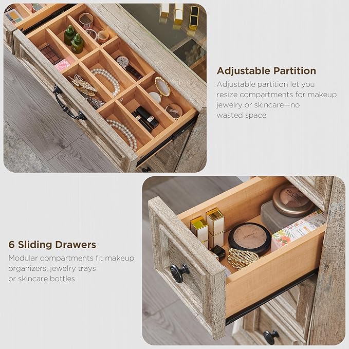 Makeup Vanity Desk with 48" HD Lighted Mirror, Farmhouse Vanity Table with 8 Drawers, Vanity Desk with 3 Color Modes, Dressing Table with Glass Top and Charging Station for Bedroom(Light Rustic Oak)