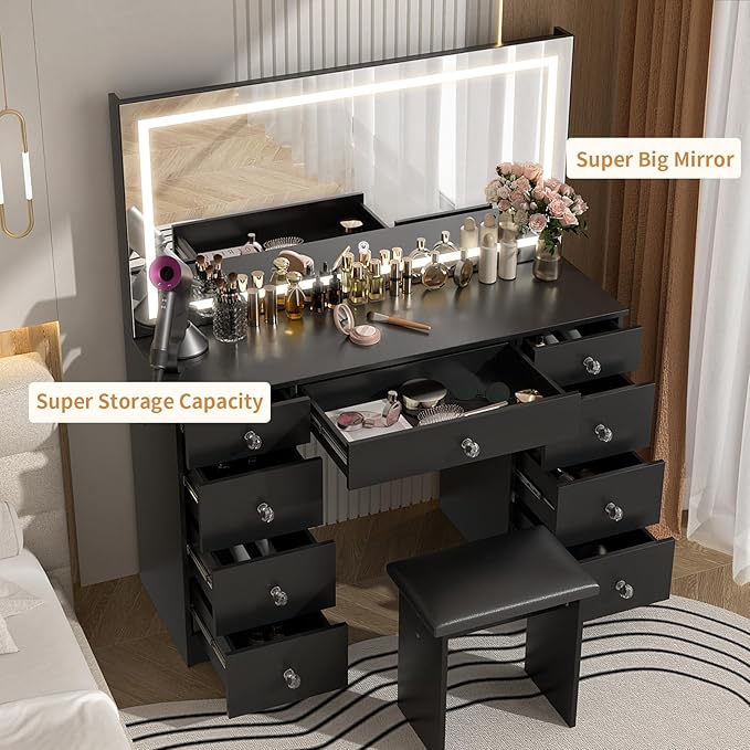 VOWNER Vanity with Lighted Mirror - 47" Makeup Vanity Desk with 9 Drawers and Power Outlet, 3 Color Lighting Modes Adjustable Brightness, Makeup Desk with Soft Cushioned Stool for Bedroom, Black