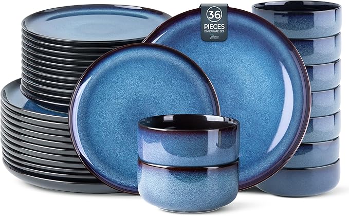 LERATIO Ceramic Dinnerware Sets for 12, 36 Pieces Plates and Bowls Sets, Reactive Glaze Dishes -Scratch Resistant, Dishwasher&Microwave Safe&Oven Safe-Blue