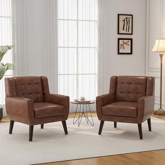 Accent Chair, Mid-Century Modern PU Leather Chairs with Arms for Living Room, Comfy Upholstered Club Single Sofa Armchair for Bedroom Waiting Room with Solid Wood Frame（Leather Coffee, Set of 2)