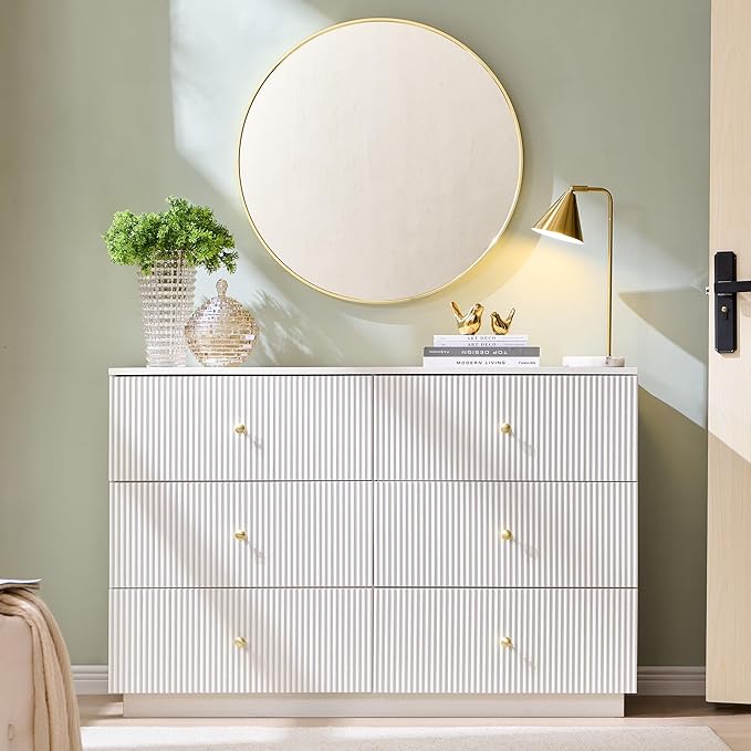 Fluted Dresser for Bedroom, 47" White 6 Drawer Dressers, Wood Tall Dresser Storage Organizer, Modern Chest of Drawers with Deep Storage for Closet Hallway, Entryway, Living Room, White