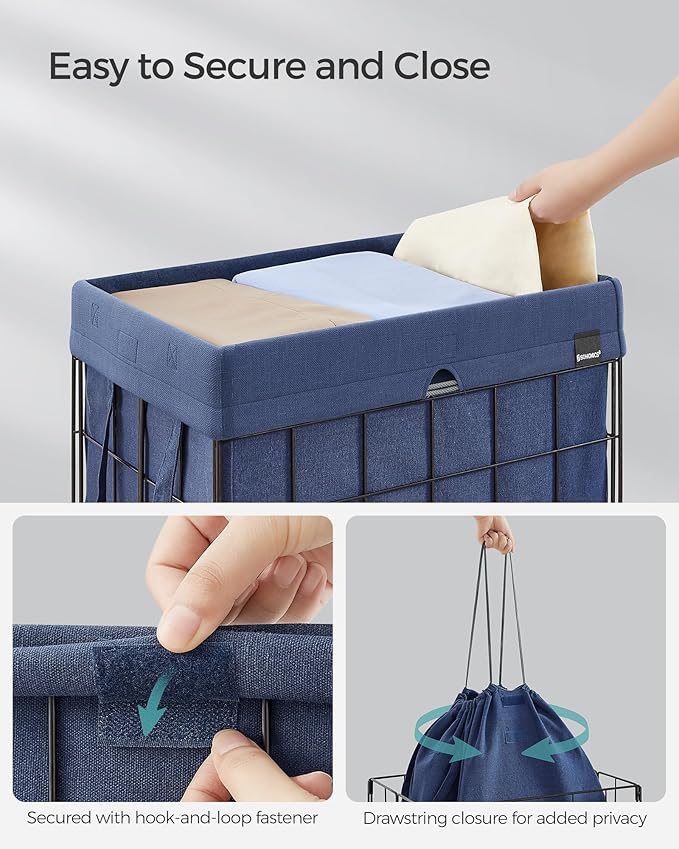 SONGMICS Laundry Hamper, 23.8 Gal. (90L) Laundry Basket, Collapsible Clothes Hamper, Removable and Washable Liner, Metal Wire Frame, for Bedroom Bathroom, Black and Charcoal Blue ULCB190Q01