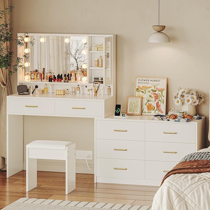 59" Makeup Desk with Drawers & Cabinet & Dresser, White Vanity Table with Drawer Dresser, Large Vanity Table with 8 Drawers, Vanity Desk with Large Mirror and 3-Color Lights for Girls, Dressing Table