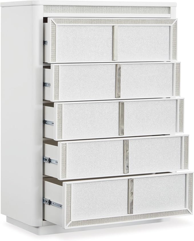 Signature Design by Ashley Chalanna Contemporary Chest of Drawers with Felt-Lined Top Drawer, LED Lighting and Glamorous Details, White