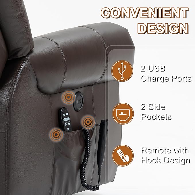 Power Lift Recliner Chair for Elderly, Dual Motor Massage Recliner with Lumbar Heat, Heavy Duty Motion Mechanism Lift Chair with Charge Ports, Genuine Leather - Antique Brown