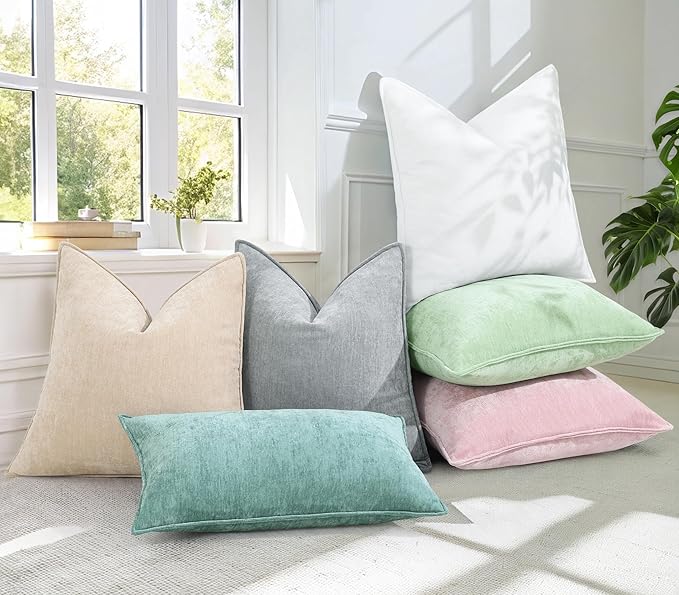 decorUhome Couch Throw Pillow Covers 20x20 Set of 2, Decorative Soft Euro Neutral Chenille Pillow Covers with Elegant Design for Sofa Bed Living Room Home Decor, Sage Green