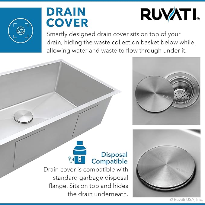 Ruvati RVH7250 Gravena 28" Undermount Single Basin 16 Gauge Stainless Steel Kitchen Sink with Basin Rack and Basket Strainer - Stainless Steel