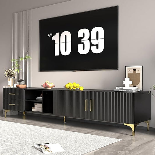 70" Fluted TV Stand for TVs Up to 80", Modern Entertainment Center with Storage, Media Console for Living Room Bedroom, TV Console（Black）