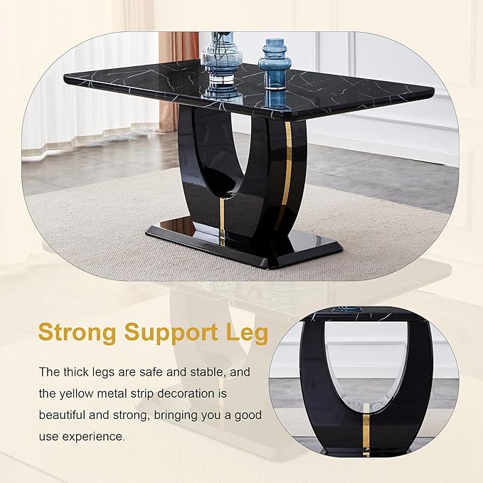 Dining Table Set for 6, Kitchen Table Chairs Set of 6, Modern Dining Room Set with 63 inch Marble Dinner Table PU Leather Upholstered Chairs for Dining Room Kitchen