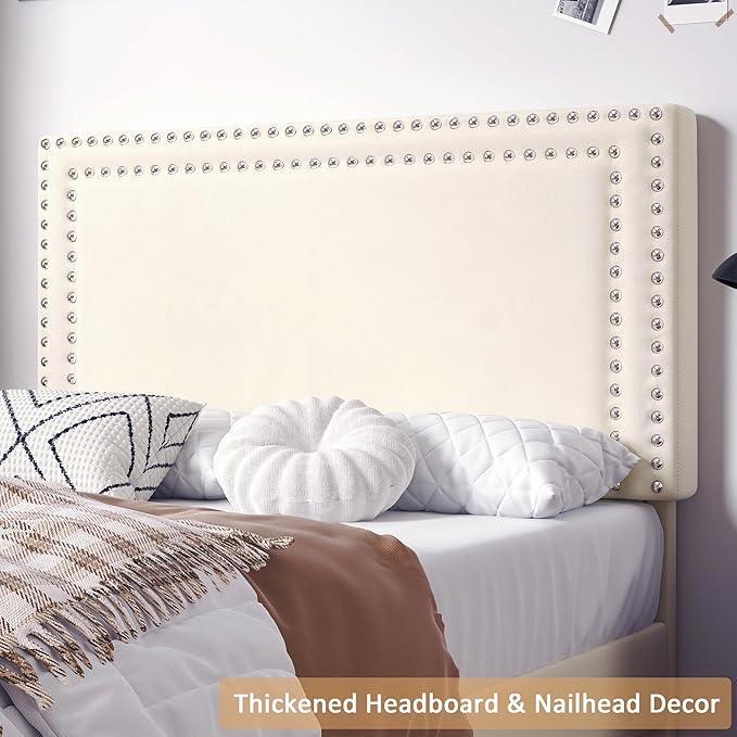 VECELO Twin Size Platform Bed Frame with Adjustable Upholstered Headboard, Strong Wood Slats Support, No Box Spring Needed, Easy Assembly