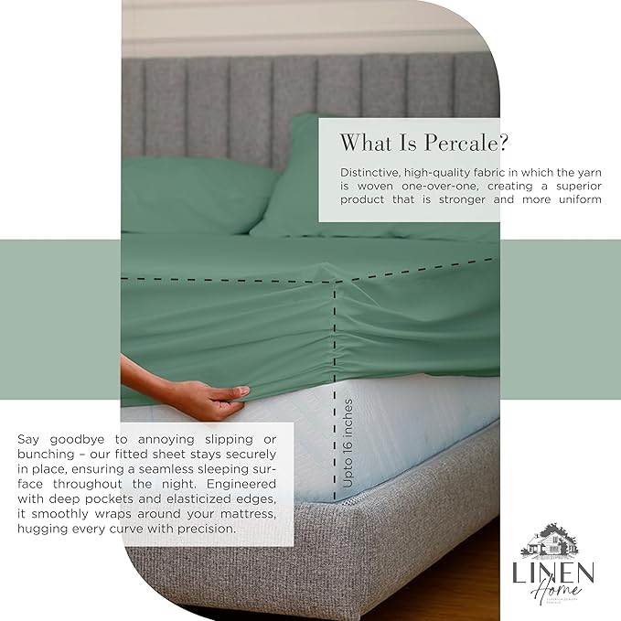 Linen Home 100% Cotton Percale Sheets Twin Size, Frosty Green, Deep Pocket, 3 Pieces Set - 1 Flat, 1 Deep Pocket Fitted Sheet and 1 Pillowcase, Crisp Cool and Strong Bed Linen