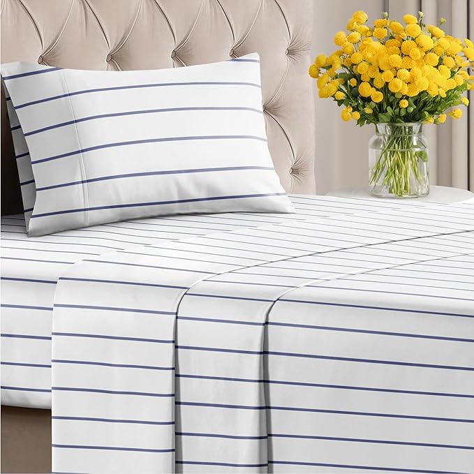 Striped Sheets - Navy Blue & White Striped Sheets - 1 Flat & 1 Fitted & 1 Pillowcase w/ Deep Pockets – Wrinkle & Fade Free - Soft, Breathable & Cooling – Luxury Pinstripe Bedding - Twin Size Bed Set
