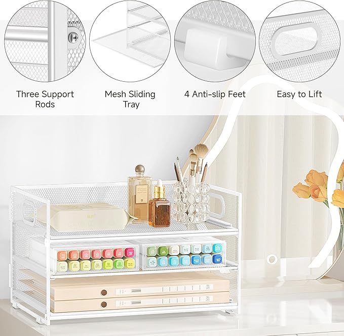 Subekyu 3 Tier Letter Tray Paper Organizer with Handle, 1 PC Sliding Tray, White Metal Mesh Desk File Folder Paper Sorter Organizer for Home Office School Desk Supplies Organization Storage